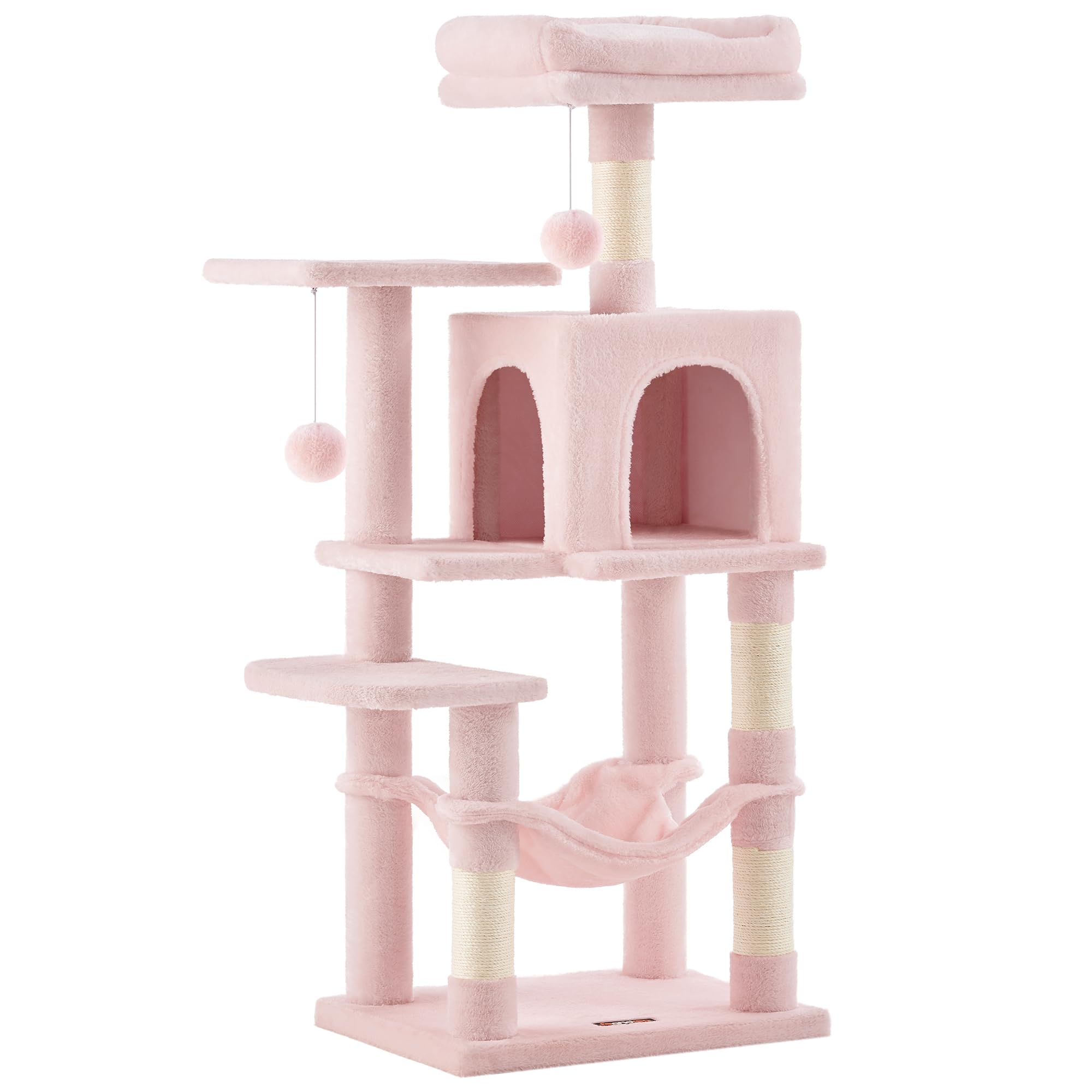 Feandrea Cat Tree Tower, 112 cm Multi-Level Plush Cat Condo with 4 Scratching Posts, 2 Perches, Cave, Hammock, Pompoms, Jelly Pink PCT261P01 — image 1