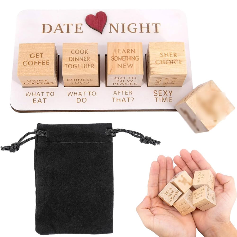 Wooden Date Night Dice for Couples - Romantic Games with Pouch Storage for Dating, Valentine's Day, Weddings, Anniversaries & Birthdays