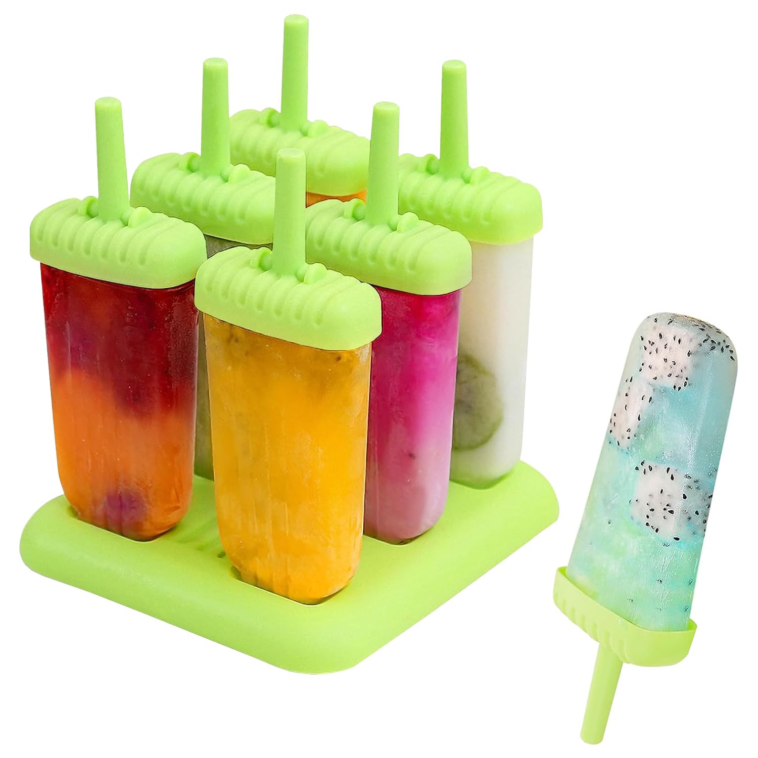 KARP Set of 6 Popsicle Mould Set with Tray | Reusable Ice Cream & Kulfi Maker Molds | BPA Free Plastic Popsicle Maker for Kids & Adults (Green)