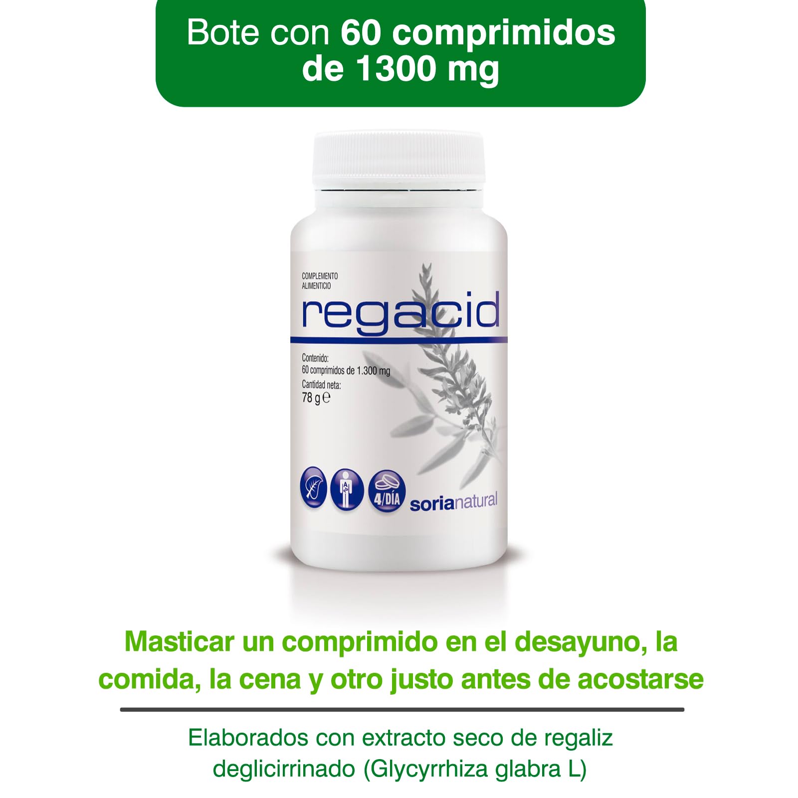 Soria Natural Regacid – Ayuda al Alivio de Acidez – Favorece las membranas de las mucosas en el estómago - Con Extracto Seco de Regaliz Deglicirrinado, Calcio, Potasio, Magnesio - 60 Comp. de 1300mg