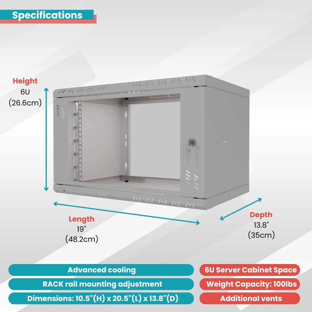 Armadio di Rete 19 Pollici - Armadio Rack 6U - Server Rack per Montaggio a Parete - Capacità di Carico 40 kg - Profondità 350 mm - Rack 19 Pollici - Grigio