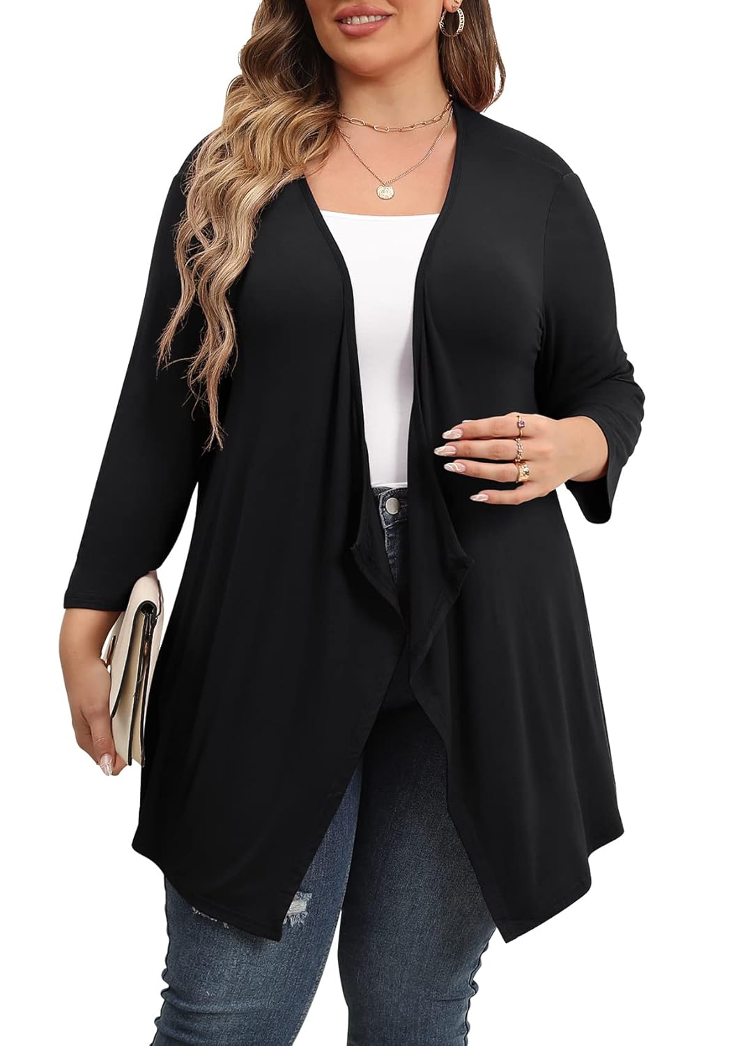 TIANZHU Women Cardigan Lightweight 3 4 Sleeve Casual Open Front Light Cardigan Drape Duster Sweaters
