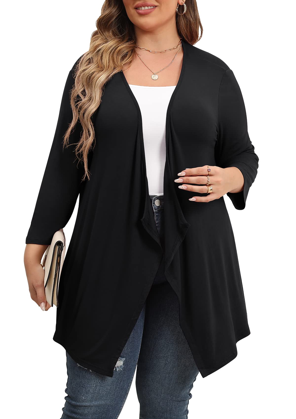 TIANZHU Women Cardigan Lightweight 3 4 Sleeve Casual Open Front Light Cardigan Drape Duster Sweaters