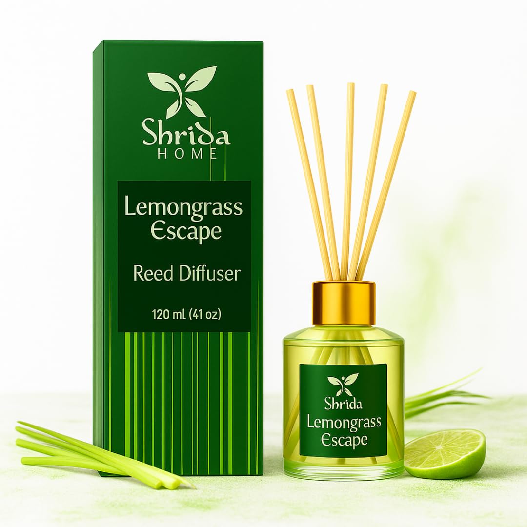 120ml Citrus Lemongrass Reed Diffuser Glass Set, Natural Aroma Oil with 6 Rattan Sticks, Long-Lasting, Toxin-Free Home Fragrance, Refreshing Citrus Scent for Gifting, Home, Bedroom, Office