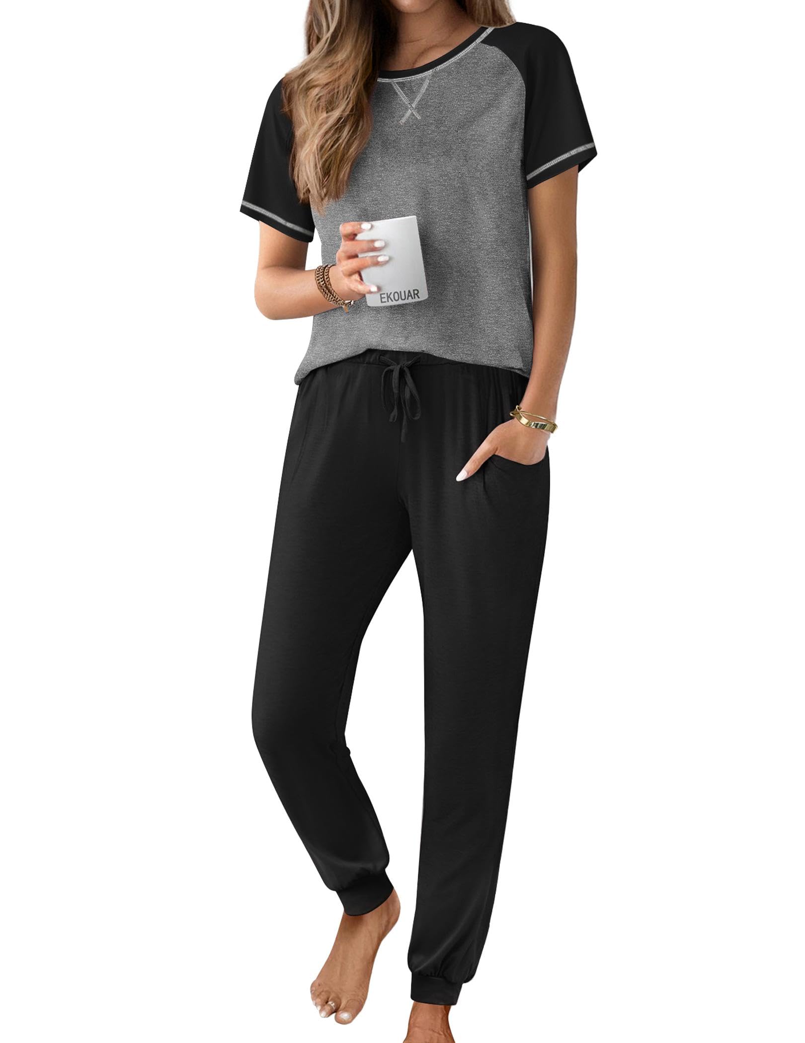 Ekouaer Womens Jogger Pajamas Sets 2 Piece Raglan Short Sleeve Pjs Lounge Set Soft Sleepwear with Pockets S-XXL