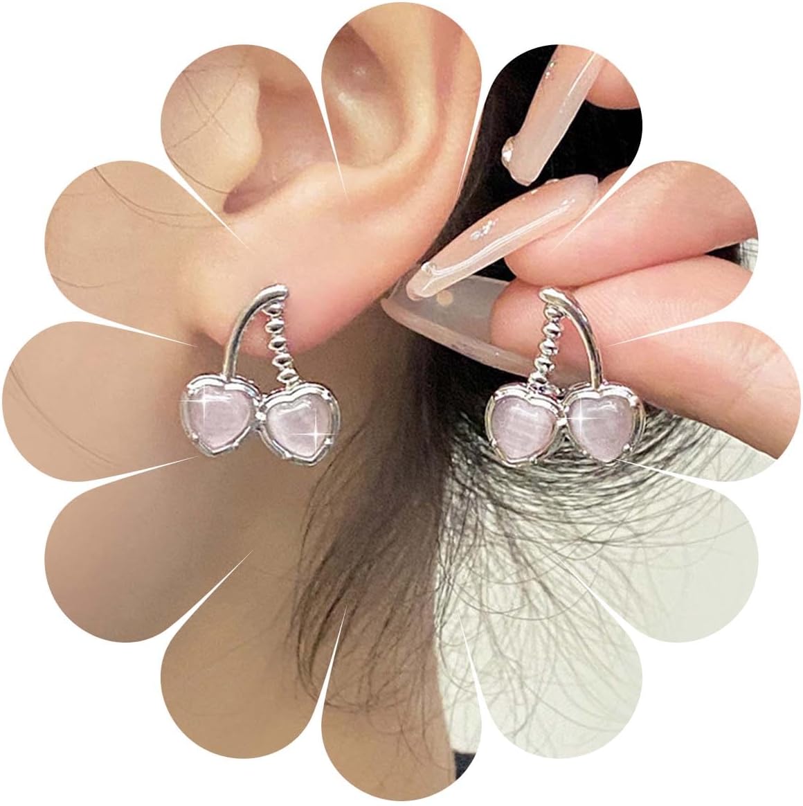 AllereyaVintage Crystal Moonstone Cherry Earrings Pink Rhinestone Cherry Stud Earrings Silver Opal Cherry Earrings Double Cherry Earrings Jewellery for Women and Girls