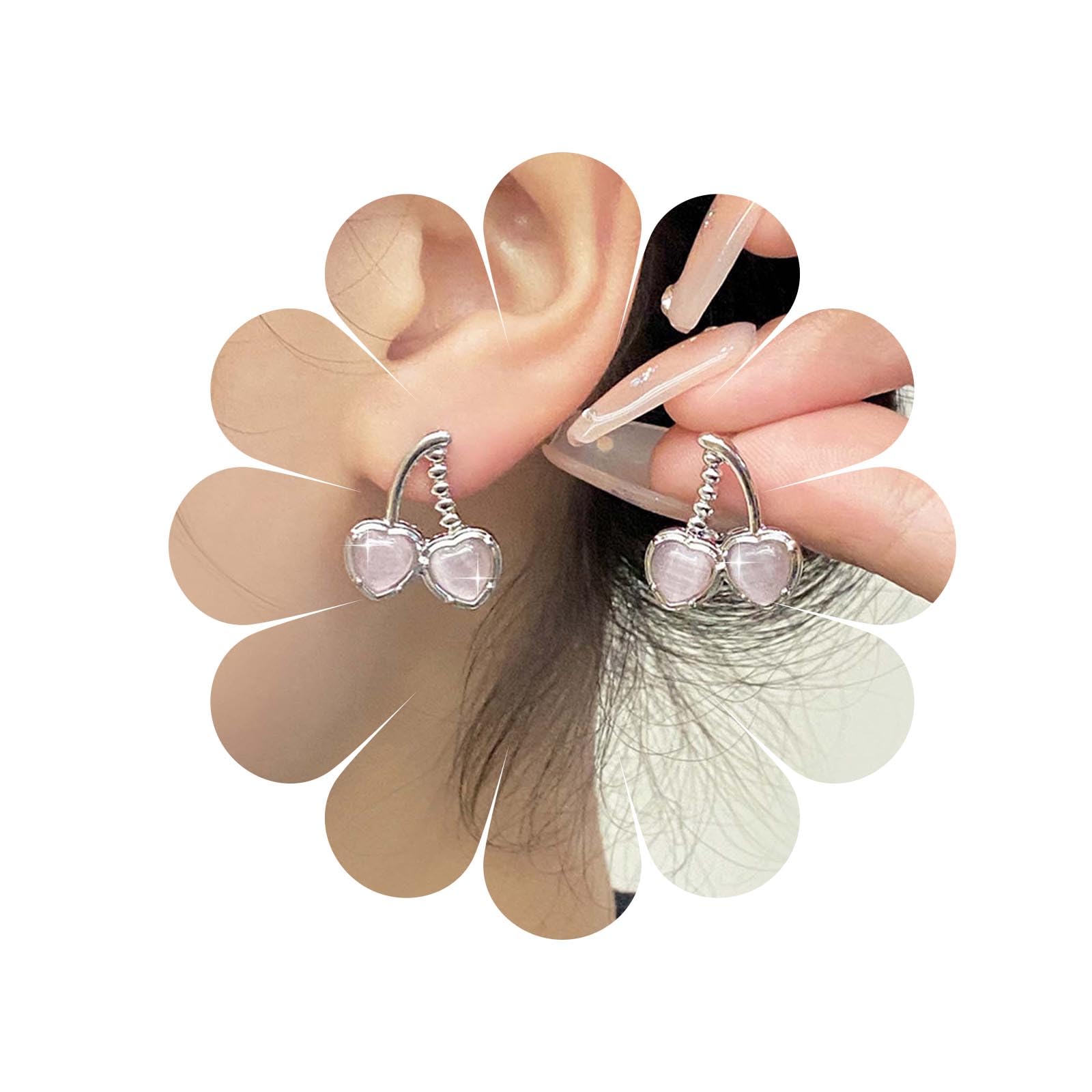 AllereyaVintage Crystal Moonstone Cherry Earrings Pink Rhinestone Cherry Stud Earrings Silver Opal Cherry Earrings Double Cherry Earrings Jewellery for Women and Girls