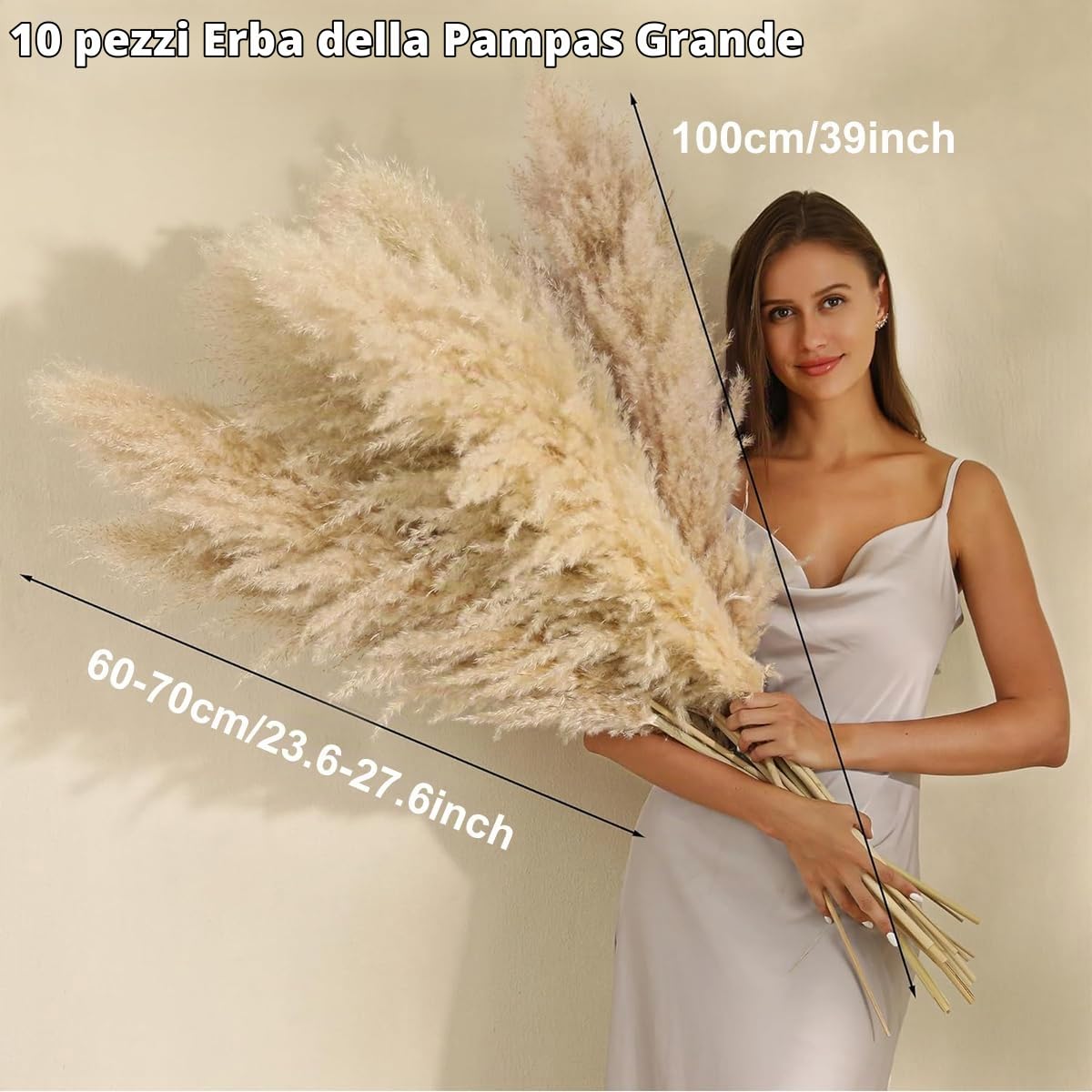 Erba di Pampa Grande 100 cm/39 pollici, 10 mazzi di fiori secchi Pampa XXL, fiori secchi decorativi di erba di Pampa naturale soffice, per decorazione Boho soggiorno camera da letto decorazione di