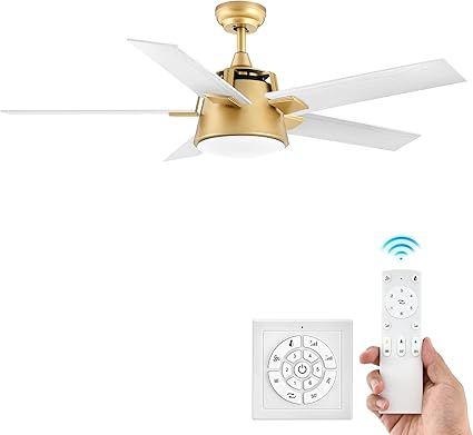 DWVO Ceiling Fan with Light and Wall Switch Remote, Quiet Reversible Motor, Dimmable LED Color, Memory Function for Bedroom Living Room Patio Indoor Outdoor, 52 Inch Modern Gold & White Fan