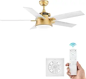 DWVO Ceiling Fan with Light and Wall Switch Remote, Quiet Reversible Motor, Dimmable LED Color, Memory Function for Bedroom Living Room Patio Indoor Outdoor, 52 Inch Modern Gold & White Fan