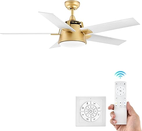 DWVO Ceiling Fan with Light and Wall Switch Remote, Quiet Reversible Motor, Dimmable LED Color, Memory Function for Bedroom Living Room Patio Indoor Outdoor, 52 Inch Modern Gold & White Fan