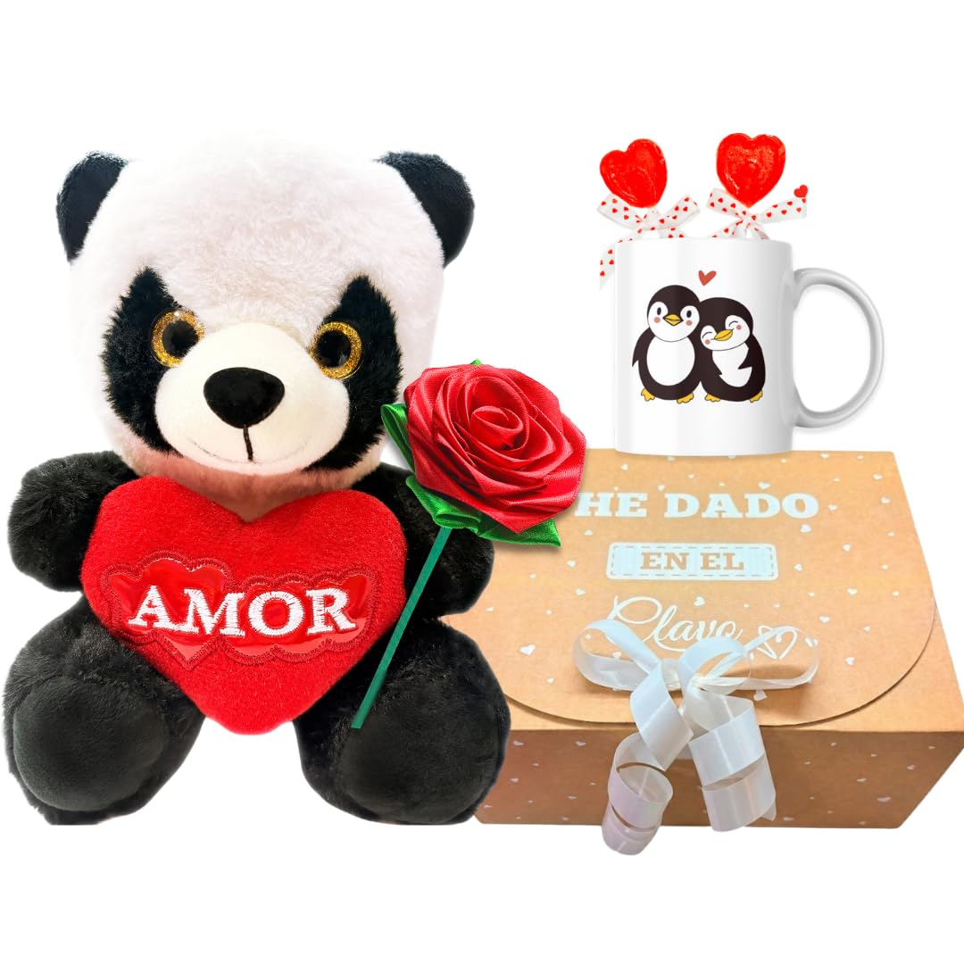 Pack de Peluche Romántico - Taza Pinguinos y más – Regalo Original para Aniversario y San Valentín – Pack Regalo para Novia Ideal para Parejas - Incluye Peluche, Taza, Piruletas y Rosa Eterna