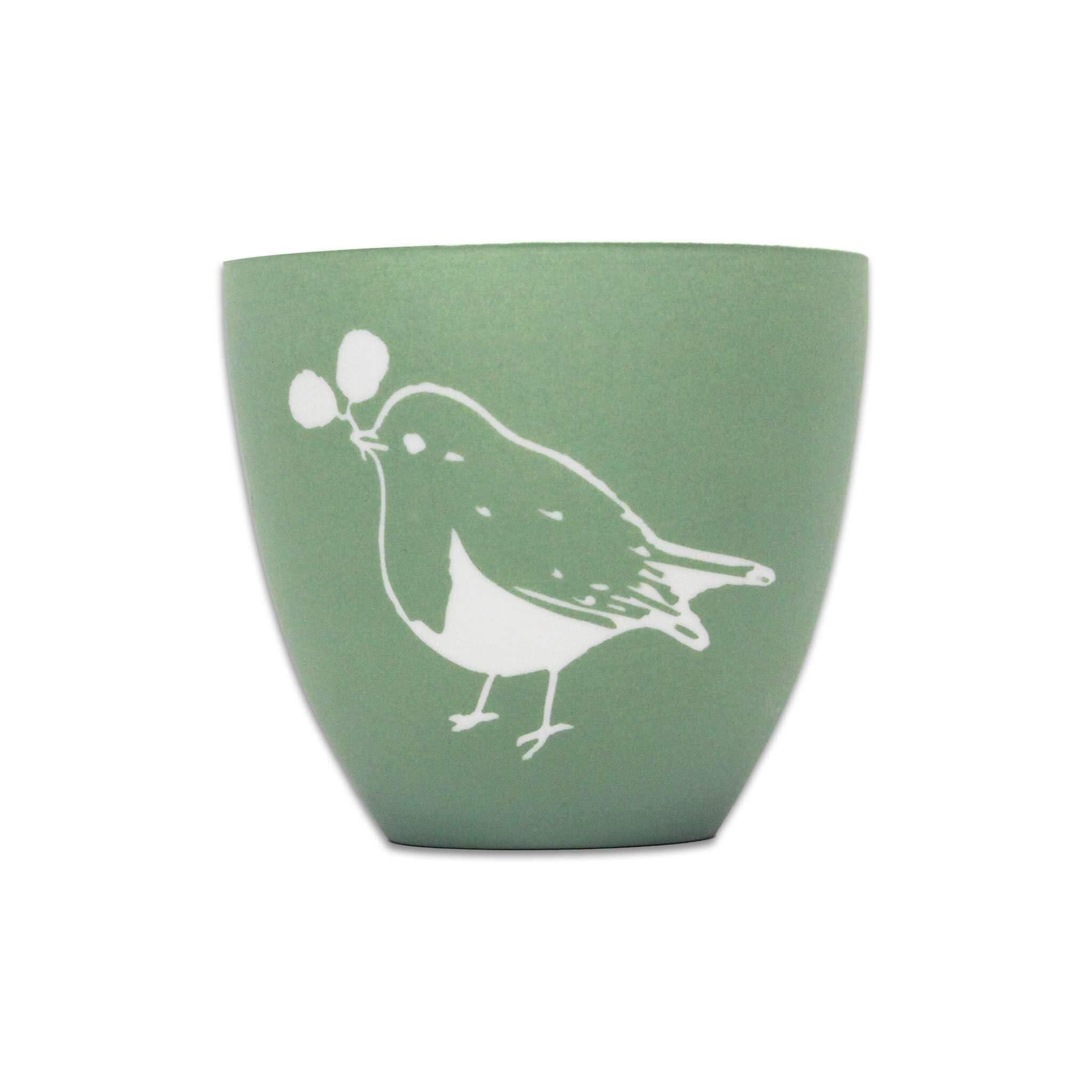 Bougeoir RSPB rouge-gorge photophore céramique vert fougère et blanc 8,9cm