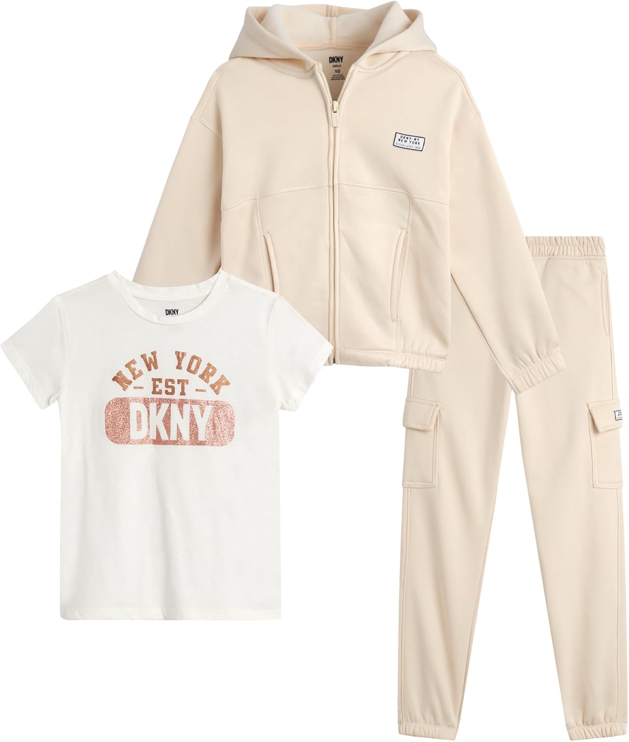 DKNY Girls Pants Set - 3 Piece Graphic Tee, Zip Up Hoodie and Jogger Sweatpants for Girls - Cute Matching Kids Sweatsuit Set