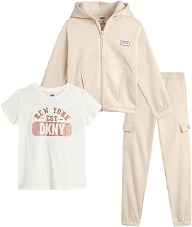 DKNY Girls Pants Set - 3 Piece Graphic Tee, Zip Up Hoodie and Jogger Sweatpants for Girls - Cute Matching Kids Sweatsuit Set