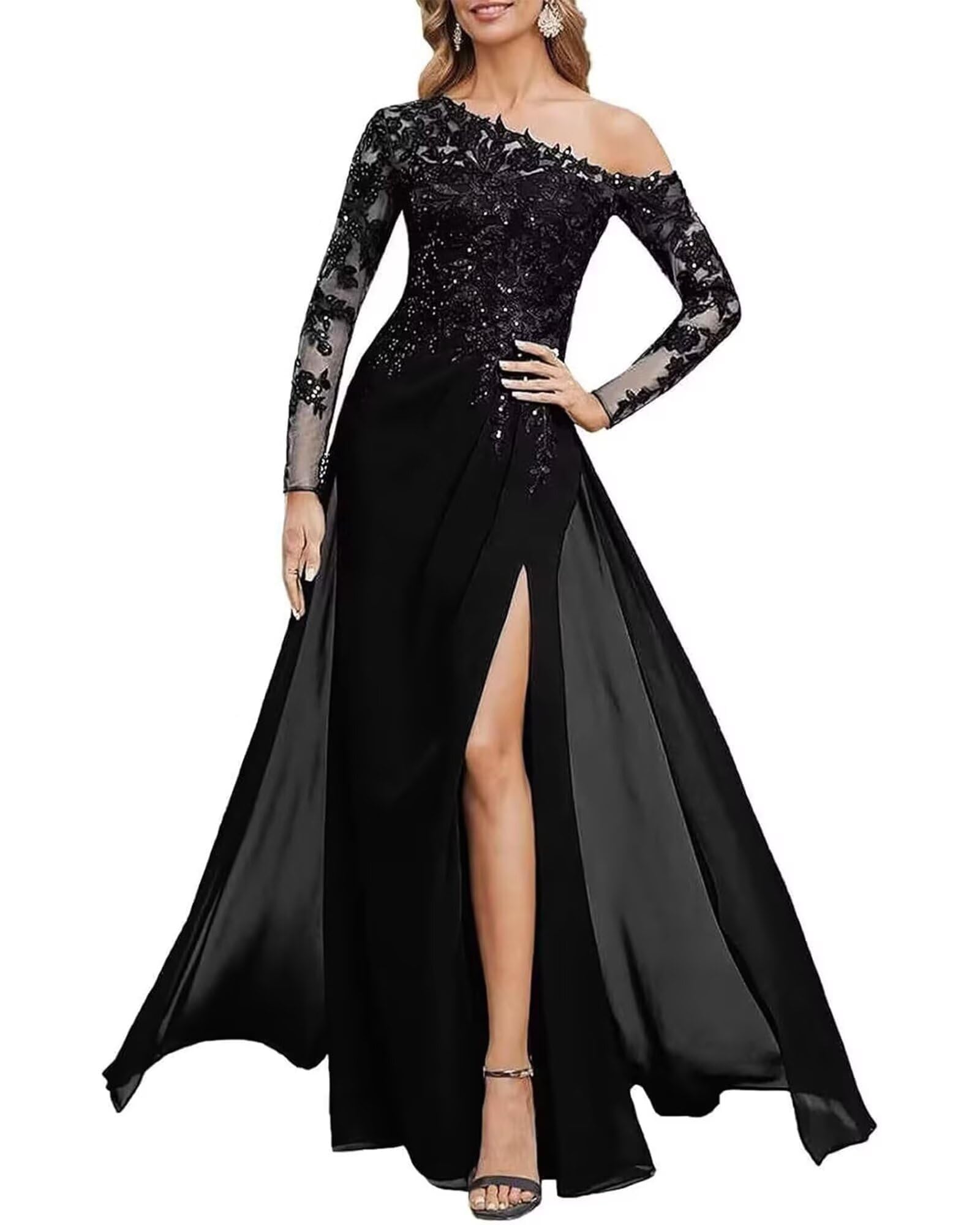 Glitzernd Pailletten Abendkleider Elegant für Hochzeit One Shoulder Spitzen Brautmutterkleider Langen Ärmeln Abendkleid mit Schlitz