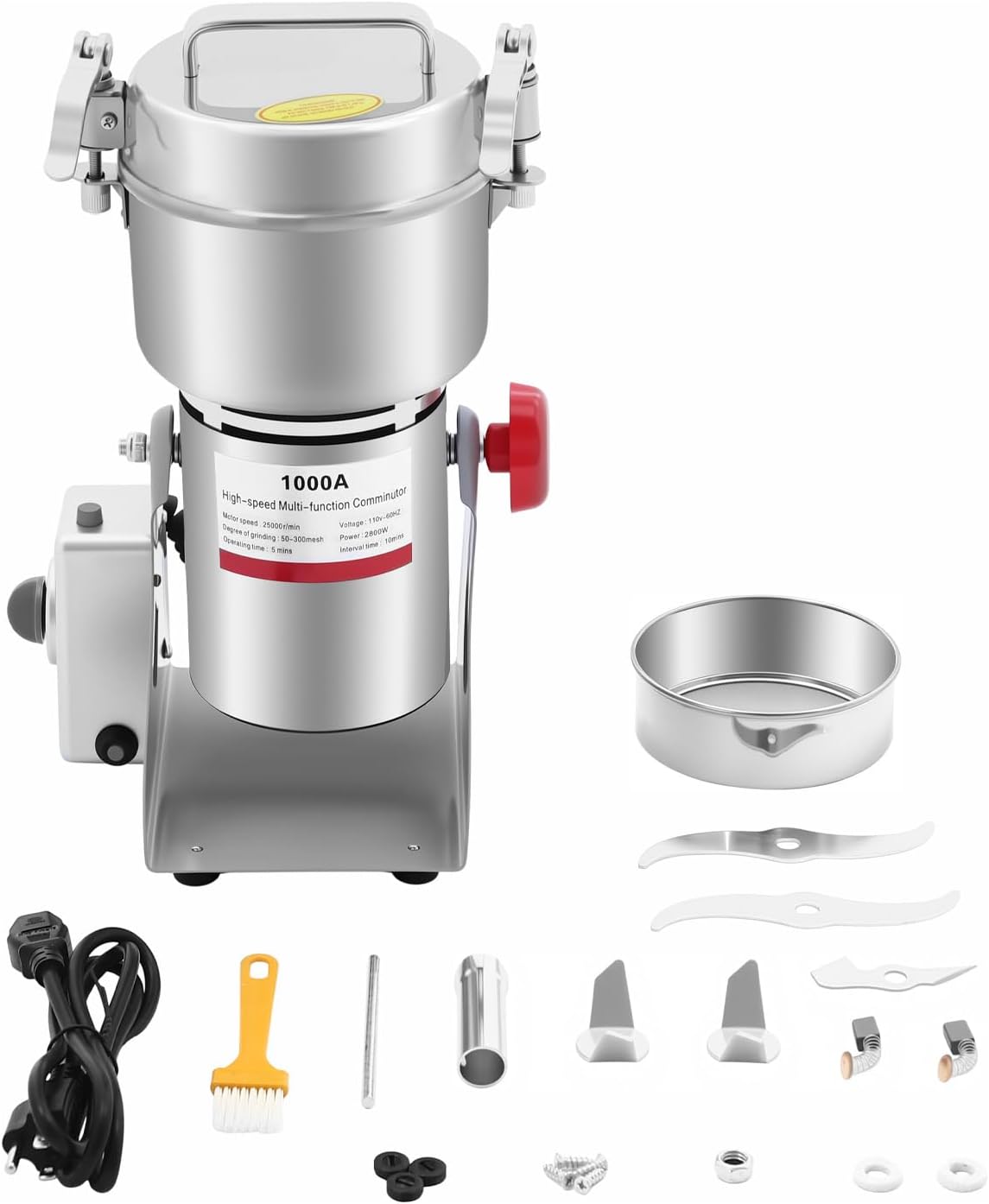 1000g Electric Grain Mill Grinder, 3600W High-speed 30000 RPM Commercial Spice Grinder 304 Stainless Steel Food Grinding Machine for Grains Corn Dry Spice Herbs Coffee (1000g)