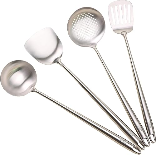 Juego de herramientas de espátula y cucharón para wok, mango largo de 16.5 a 17 pulgadas de largo de acero inoxidable 304, juego de espátula y