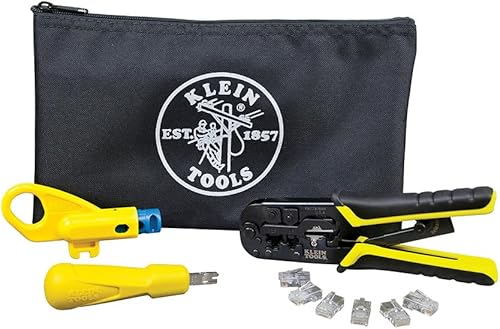 Klein Tools VDV026-212 Kit de instalación coaxial con herramienta de engarzado, cortador de cables, pelacables y conectores F con bolsa de