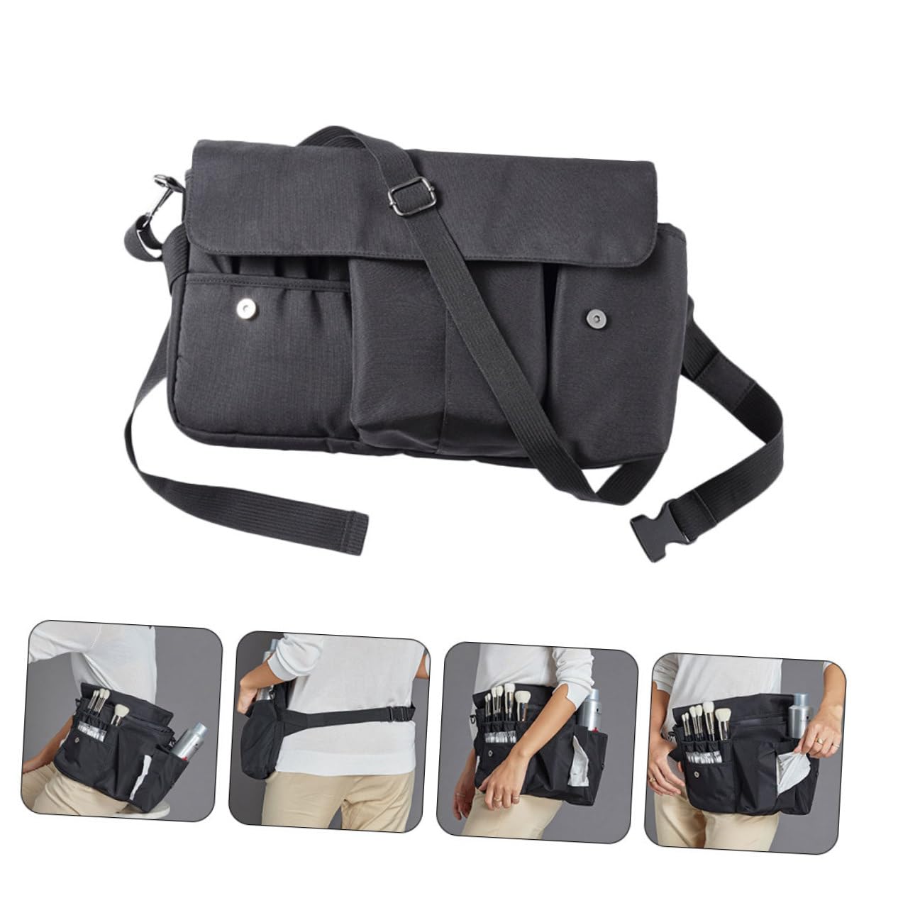 Borsa Porta Trucchi da Viaggio in Tela Nera, Custodia per Pennelli Make Up Portatile Cinturino, Facile da Aprire e Chiudere