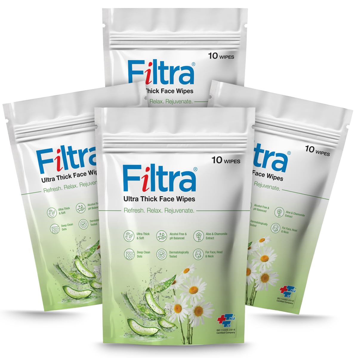 filtra® ultra thick face wipes | ultra thick, luxurious & soft dotted fabric | make up removal | facial cleansing| refresh & rejuvenate | lightly fragranced with aloe, vitamin e, chamomile | zip lock stay fresh pouch (10 count (pack of 4))