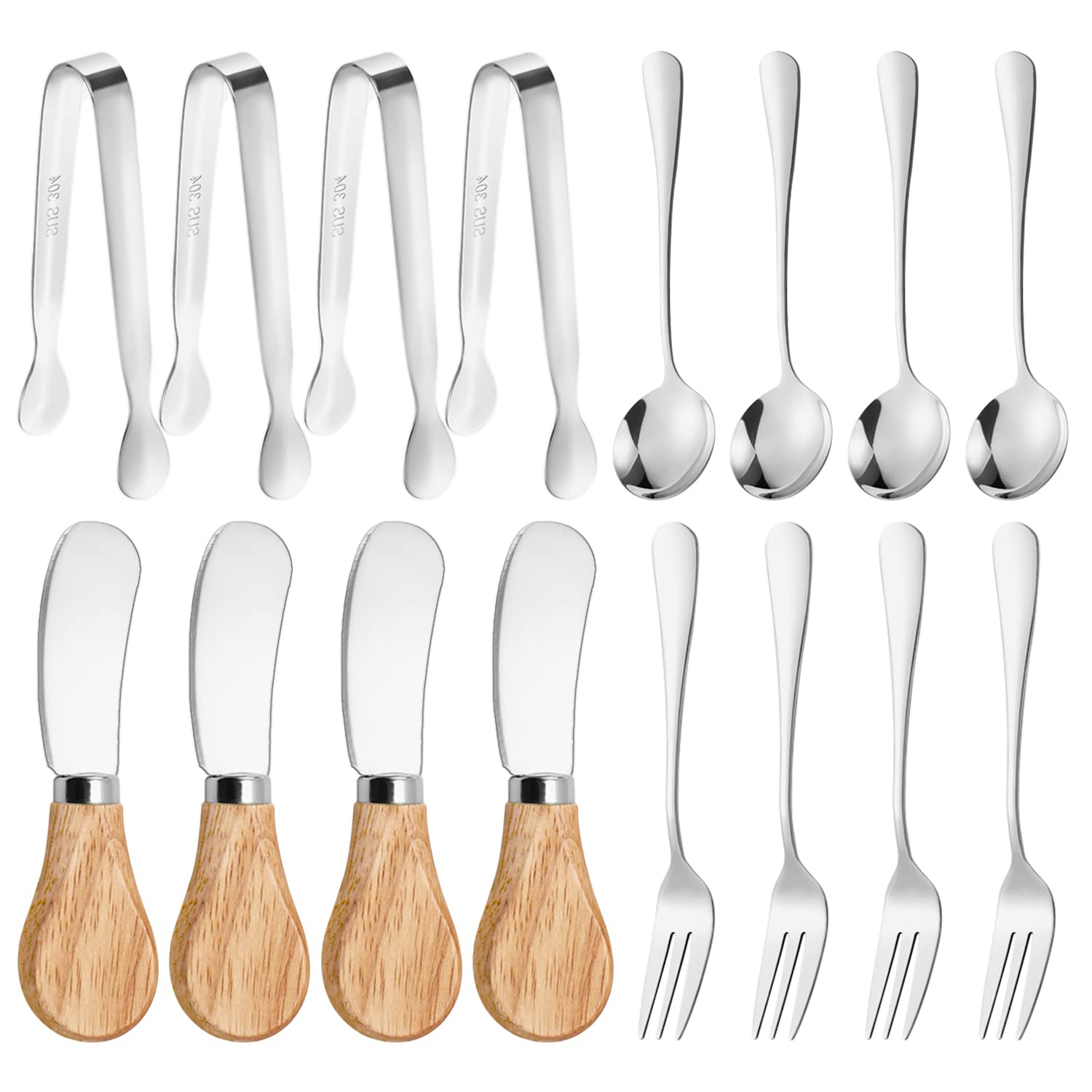 Knife Set, 16 Pcs Stainless Steel Charcuterie Board Utensils with Wooden Handles, Includes Spreader Knives, Forks, Mini Serving Tongs & Spoons for Cheese, Butter, Pastry