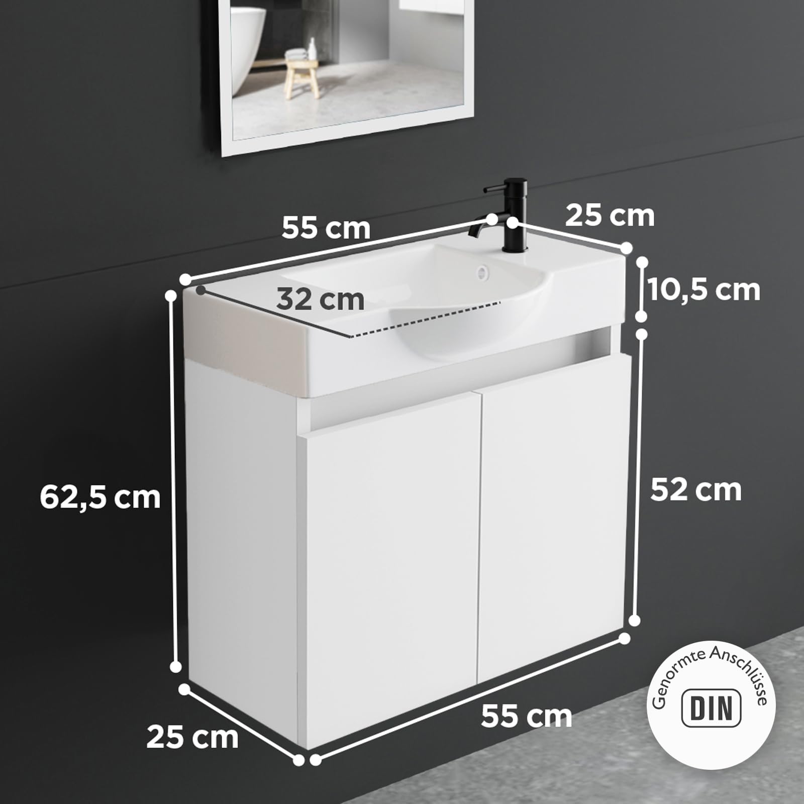 Alpenberger - Set completo di mobili da bagno, lavabo in ceramica sanitaria di alta qualità con mobiletto in MDF (bianco)