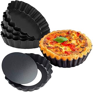 URMOSTIN Lot de 6 Moule à Tarte Cannelé/Moule à Quiche - Moule à Gâteau Rond - Fond Amovible - Revêtement Antiadhésif - Ø 12 cm / 4,7 po