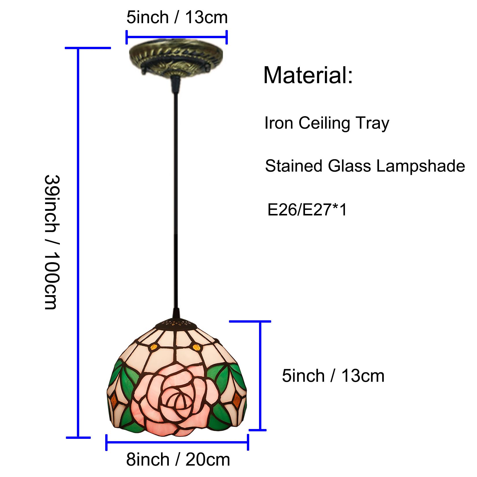 Lampa wisząca Tiffany Rose Witraż Klosze Lampy Wiszące Vintage Różowy Kwiat Zielony Liść Wystrój Domu Żyrandol Szeroki 8" Wysokość 39" Do Kuchennej Wyspy Jadalnej 2szt