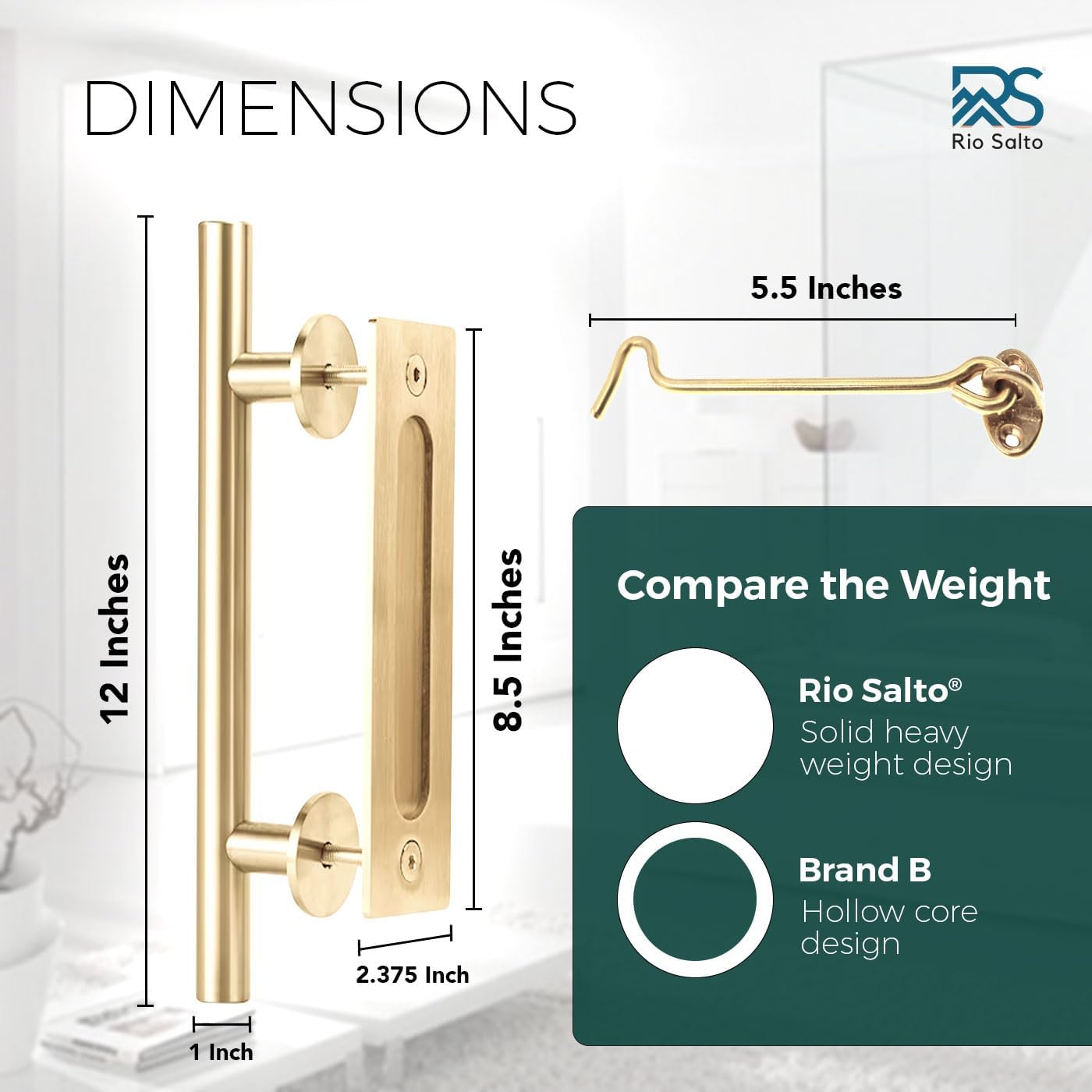 Rio Salto 12-Inch Gold Barn Door Handle Kit with Latch Lock Set Closet Brass Finish Pull Handle Flush Handles Hardware Large Sliding Door Handles 1-Door (Light Gold - 1Pack w/Lock)