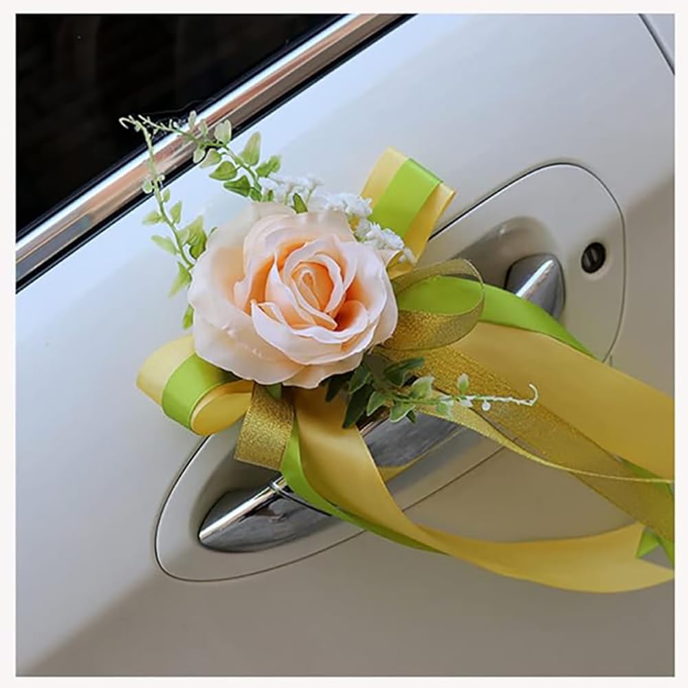 Qiantull 4 unidades de flores de seda para coche, decoración de coche, barra de tirador de puerta de coche, espejo retrovisor, rosa artificial, lazo, decoración de boda, iglesia, coche, boda, fiesta,
