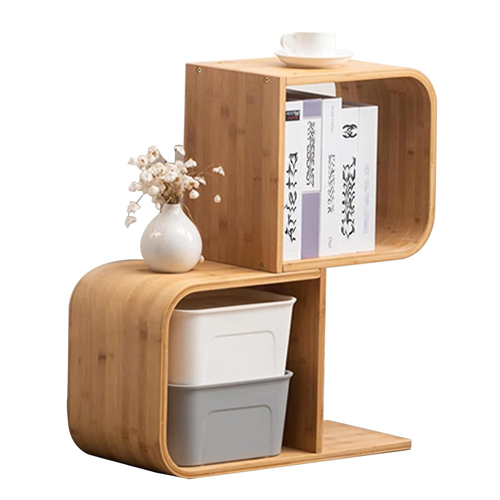Estantería De Múltiples Capas En Forma De S, Estante De Almacenamiento De Bambú Abierto De Piso A Techo: Libros, CD, Revistas, para Sala De Estar, Dormitorio, Balcón,2 Tier