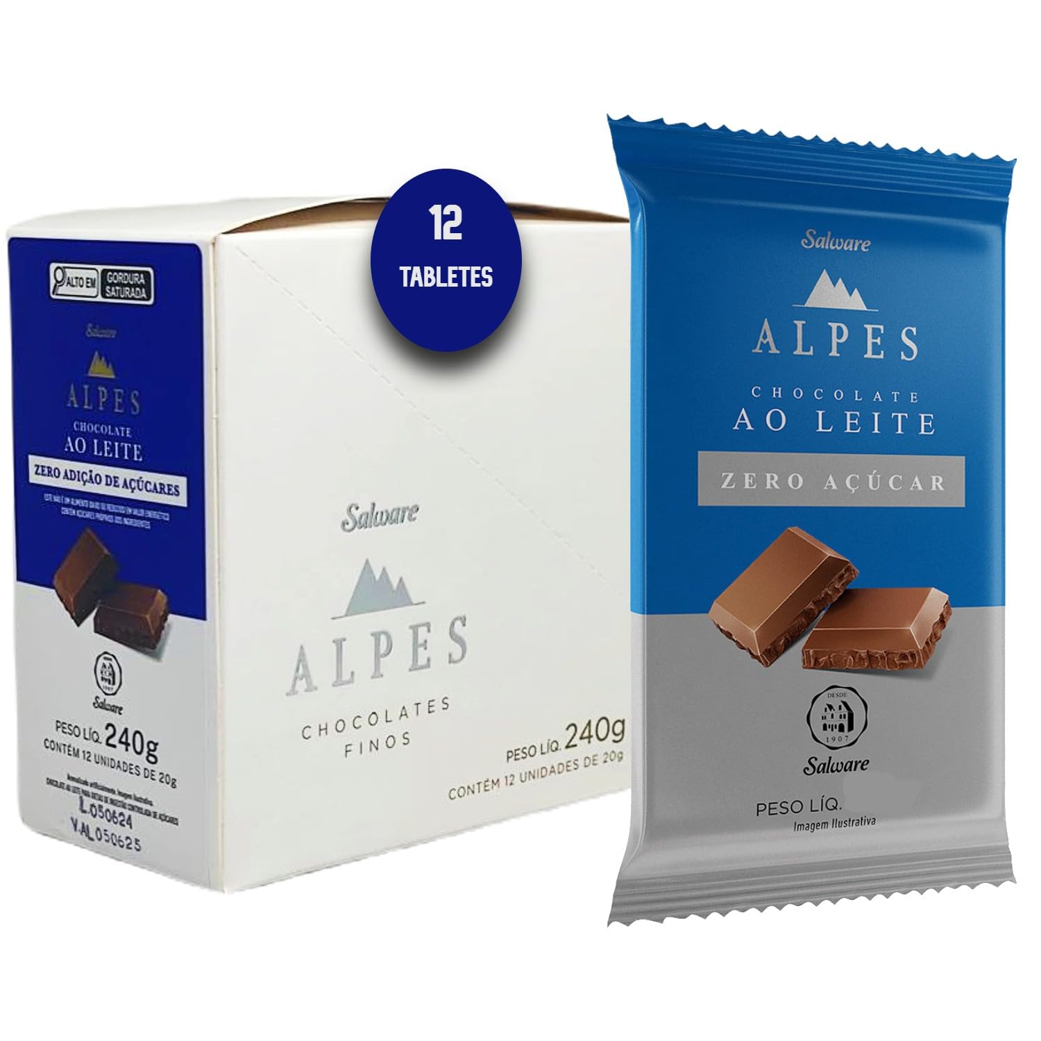 Kit c/ 12un Chocolate Salware Alpes ao Leite Zero Açúcar 20g