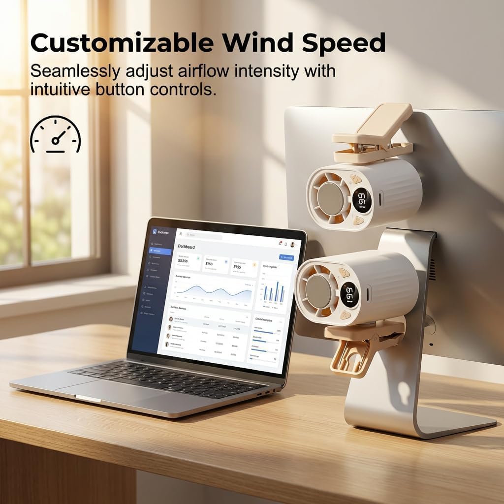2026 New Car Clip-on Air Conditioner Fan with LED Display, 360° Rotation, 199 Speeds Adjustable – Clip-on Cooling Fans, Portable Mini Clip-on Fan for Office, Car, Beach (Black, 2PC)
