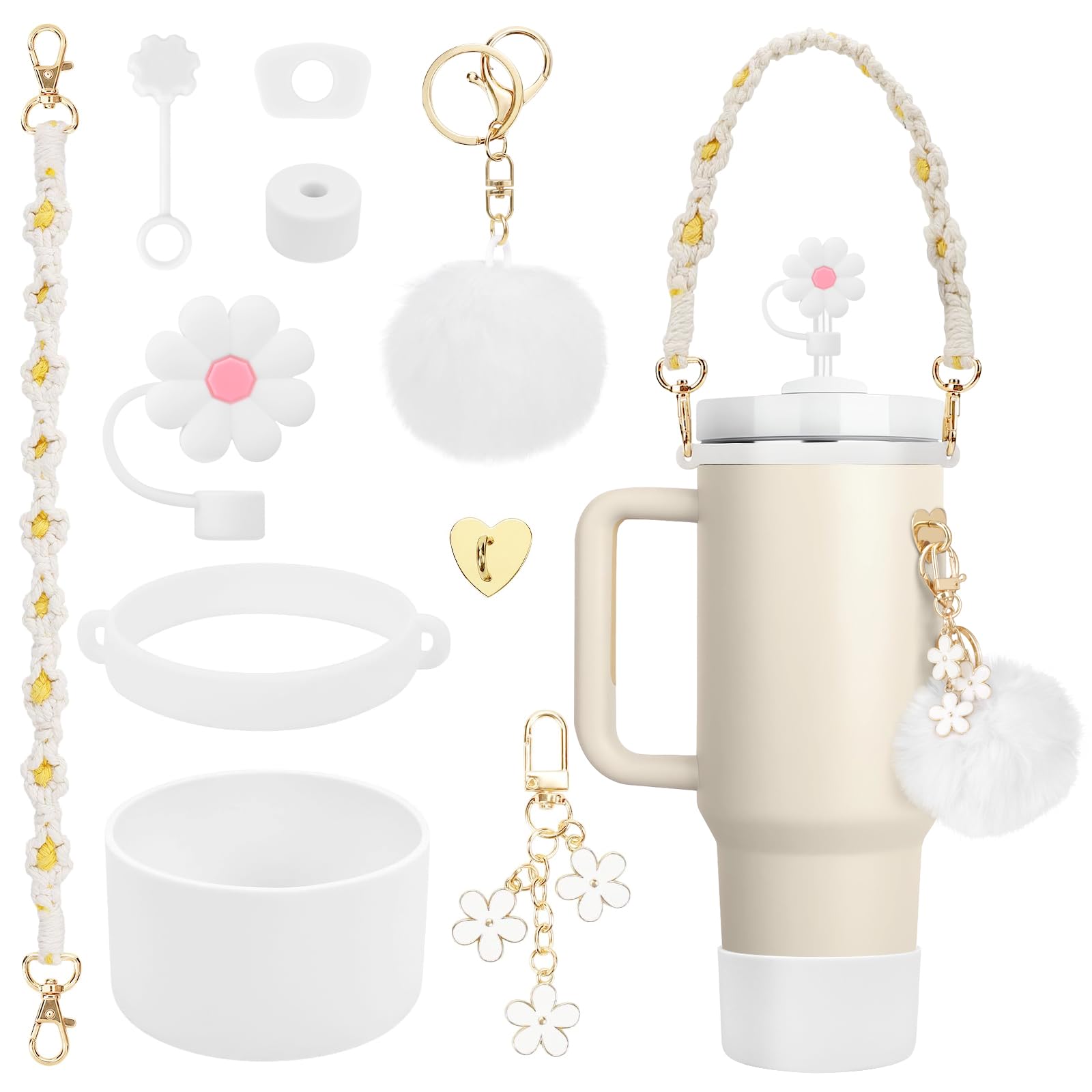 10Stück Stanley Cup Zubehör, 3 Auslaufschutz, 1 Strohhalm Abdeckung, 1 Becherring 1 Wasserflaschen Band, 1 Silikonhülle, 1 Pompon Ball, 1 Schlüsselanhänger, 1 Herzförmiger Haken (Creme Pompon)