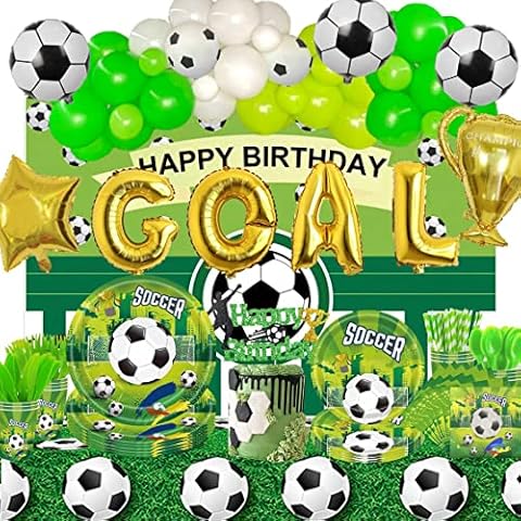 227 PCs Soccer Birthday Party Supplies, Hombae Soccer Ball Themed Decorations Backdrop Balloon Garland Tablecloth Cake Topper Plate Cup Napkin Plate Cup Straw Knife Fork Spoon Goal Trophy Green Cover