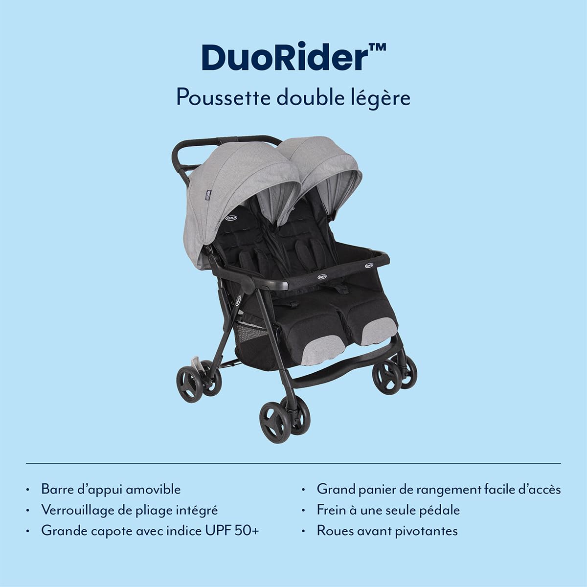 Graco DuoRider Poussette double légère 0-15 kg dossiers réglables pliable grand panier gris
