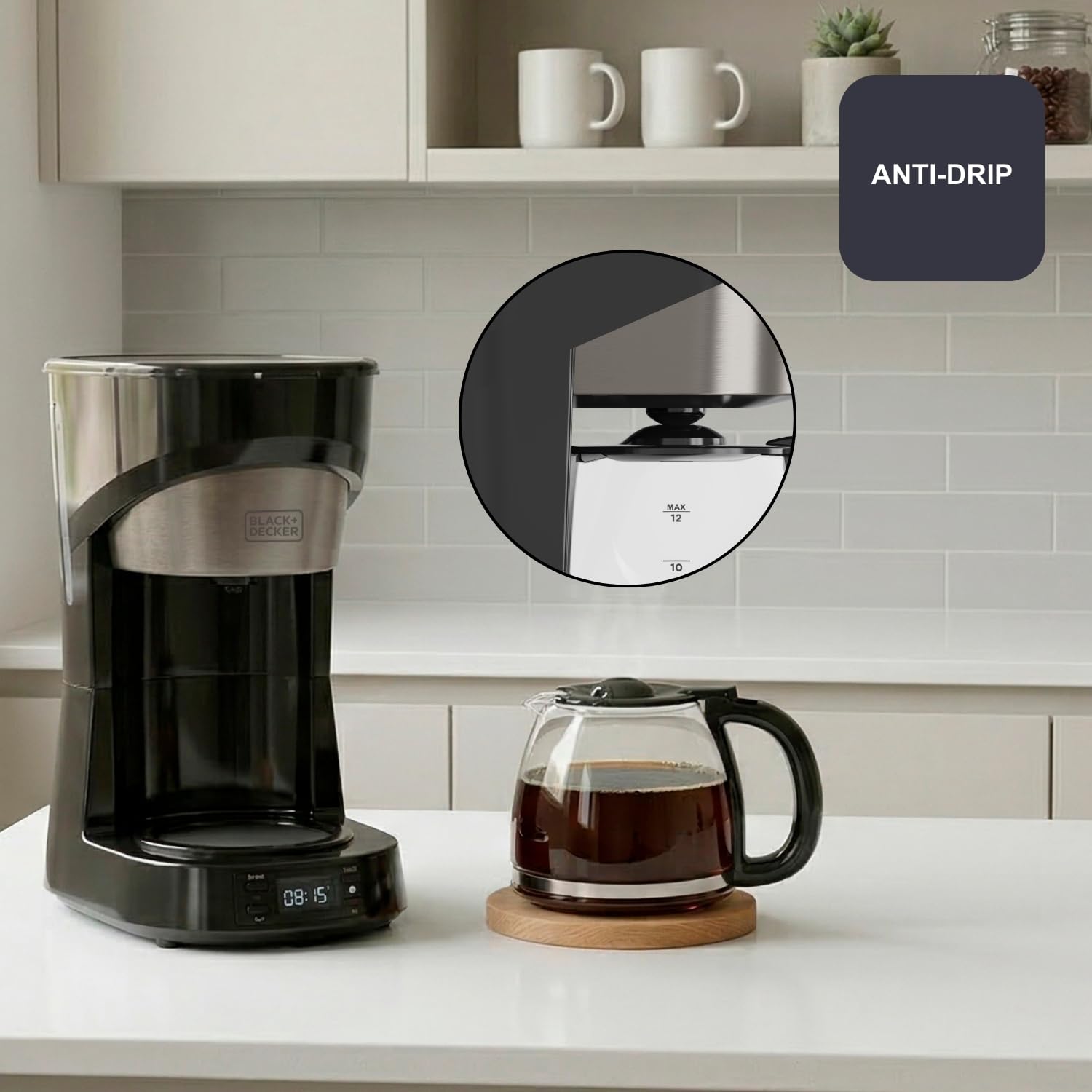 BLACK+DECKER – Macchina da caffè americano BXCO1002E | 1000W | 12 tazze | Timer 24h | Controllo digitale | Sistema antigoccia | Piastra riscaldante | Auto-off | Filtro lavabile | Inox antigraffio