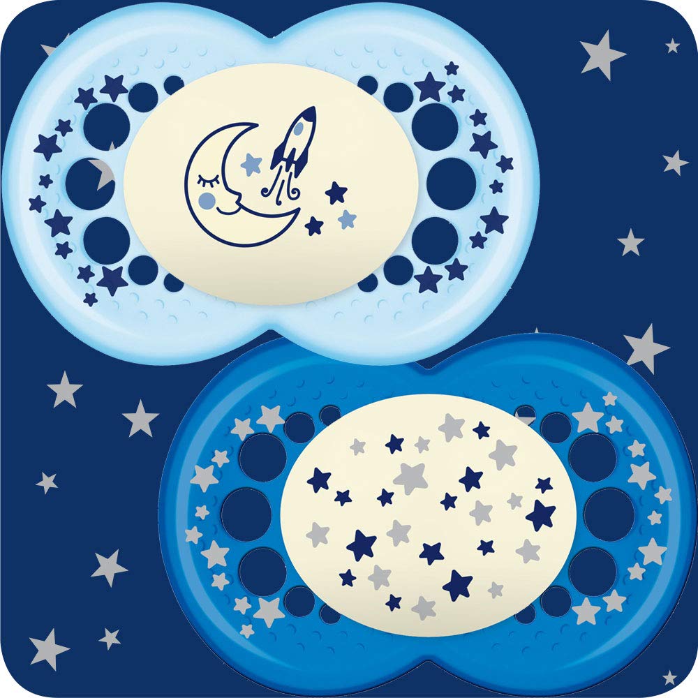 MAMNight Soothers 12+ Months (Pack of 2), Glow in the Dark Baby Soothers with Self Sterilising Travel Case, Newborn Essentials, Blue, (Designs May Vary)