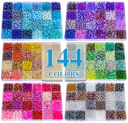 XSEINO About 7200PCS 6mm Glass Beads Bracelet Making Kit,144 Assorted Colors Crystal Glass Beads for Bracelet and Jewelry Making and DIY Crafts,Friendship Gifts,to Give to Friends, Family