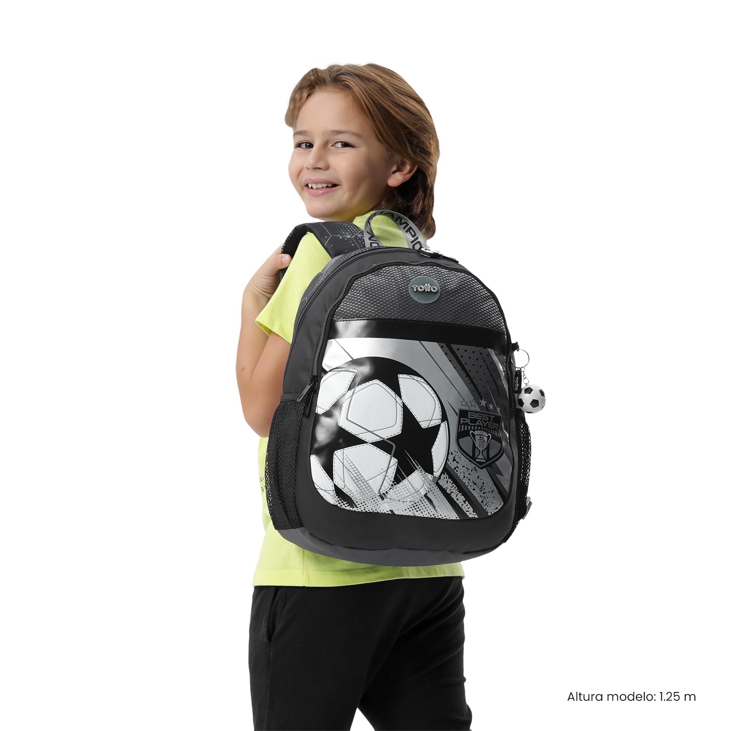 TOTTO - Mochila Escolar, Modelo Champion M, Mochila Mediana, Capacidad 18 L, Compartimento Delantero, Bolsillos Botella, Organizador Interno, Correas Acolchadas, Resistente y Duradera, Estampado Negro