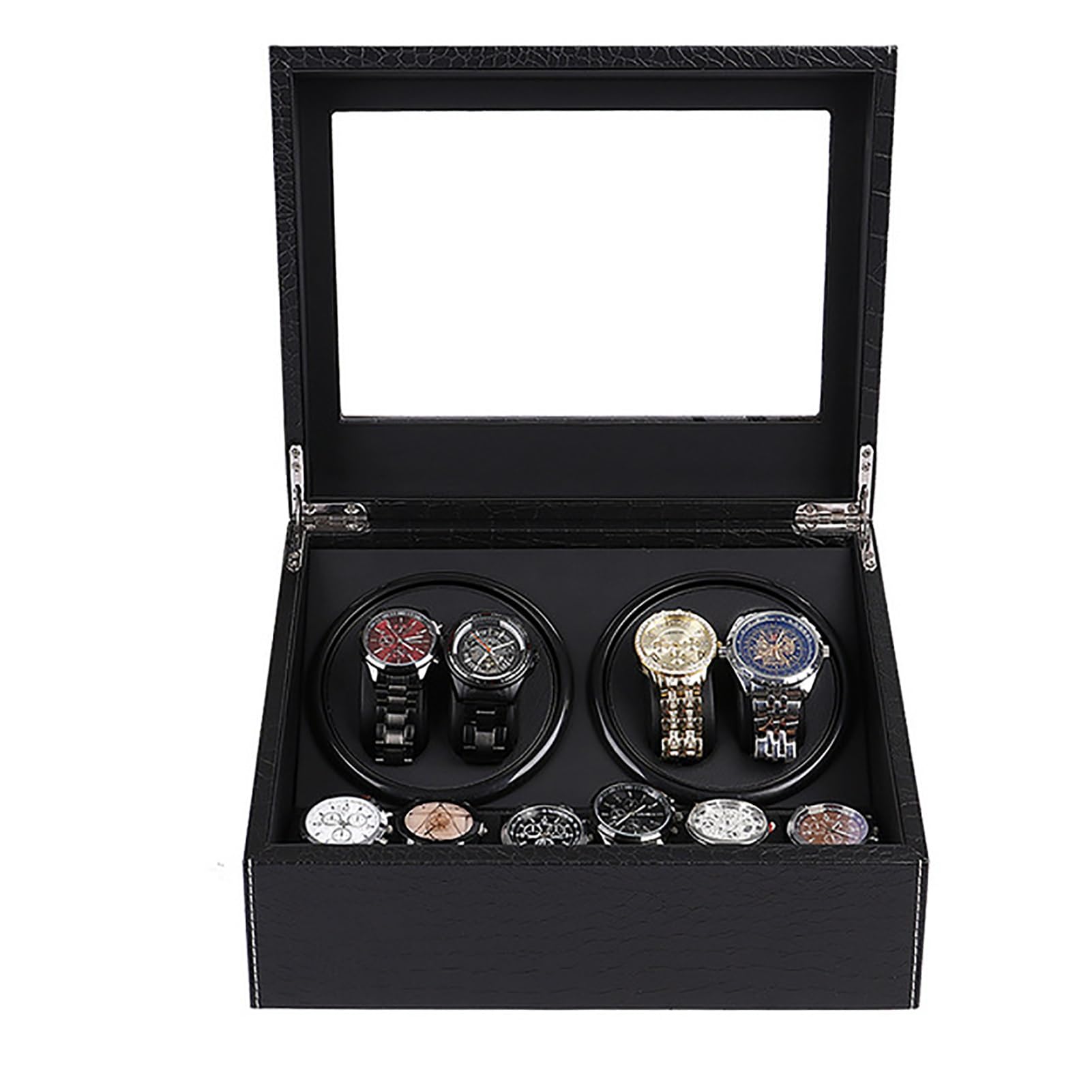 Caricatore Automatico Rotante per 4 Orologi E 6 Scomparti, in Similpelle Pu, con Meccanismo A Carica Automatica E Motore Silenzioso, per Orologi da Uomo E da Donna.