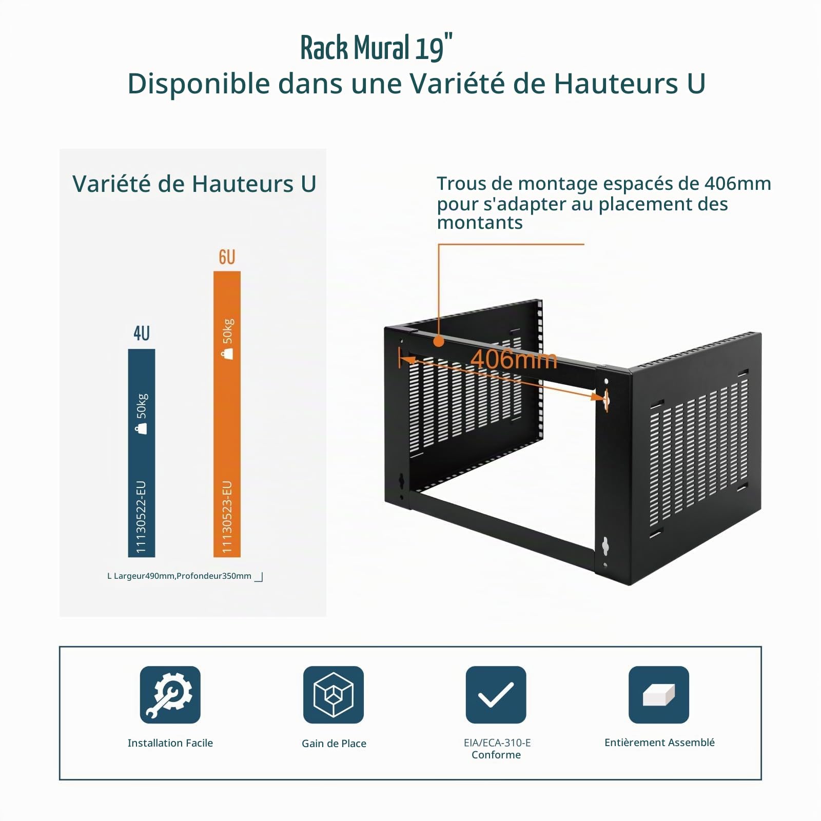 Tecmojo 19 Pouces 6U Armoire Réseau Murale, Profondeur 350mm, Support pour Panneau de Brassage, pour Équipements Informatiques Plats 19", Capacité de Charge 50kg, Noir