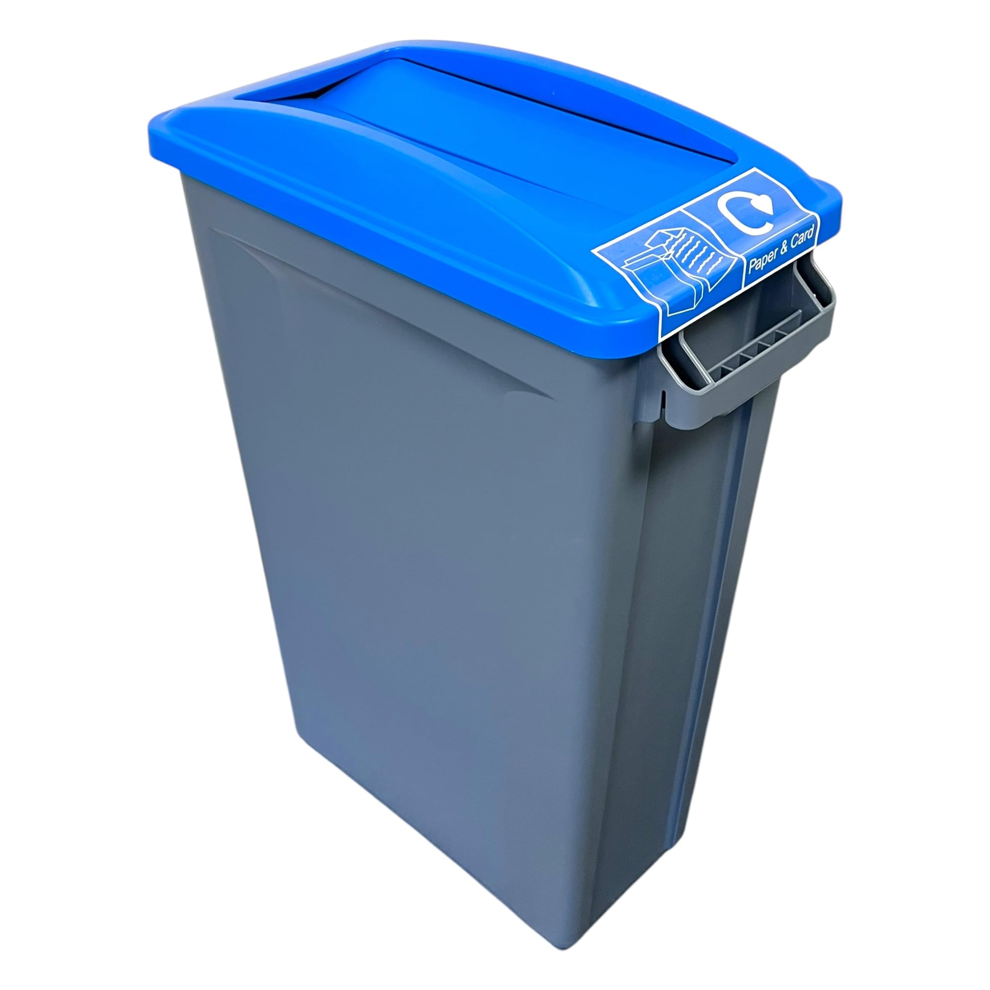 Chabrias Ltd 87L Slim Recycling Bin with Swing Blue Lid + Paper and Card Logo - Commercial Narrow 87L Waste Container for Office, School, Kitchen & Workplace – Vented Liner System, Heavy Duty Plastic