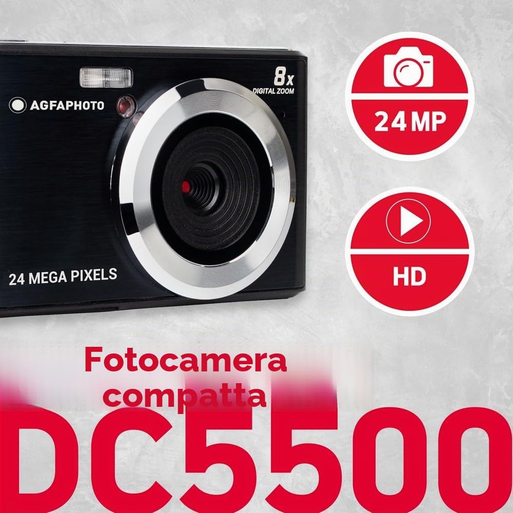 AgfaPhoto - Fotocamera Compatta Digitale 24MP - Realishot DC5500 - Schermo LCD 2,4" - Zoom Digitale 8X - Video HD 720p - Autofocus, Rilevamento Viso & Stabilizzazione - Batteria al Litio - Nero