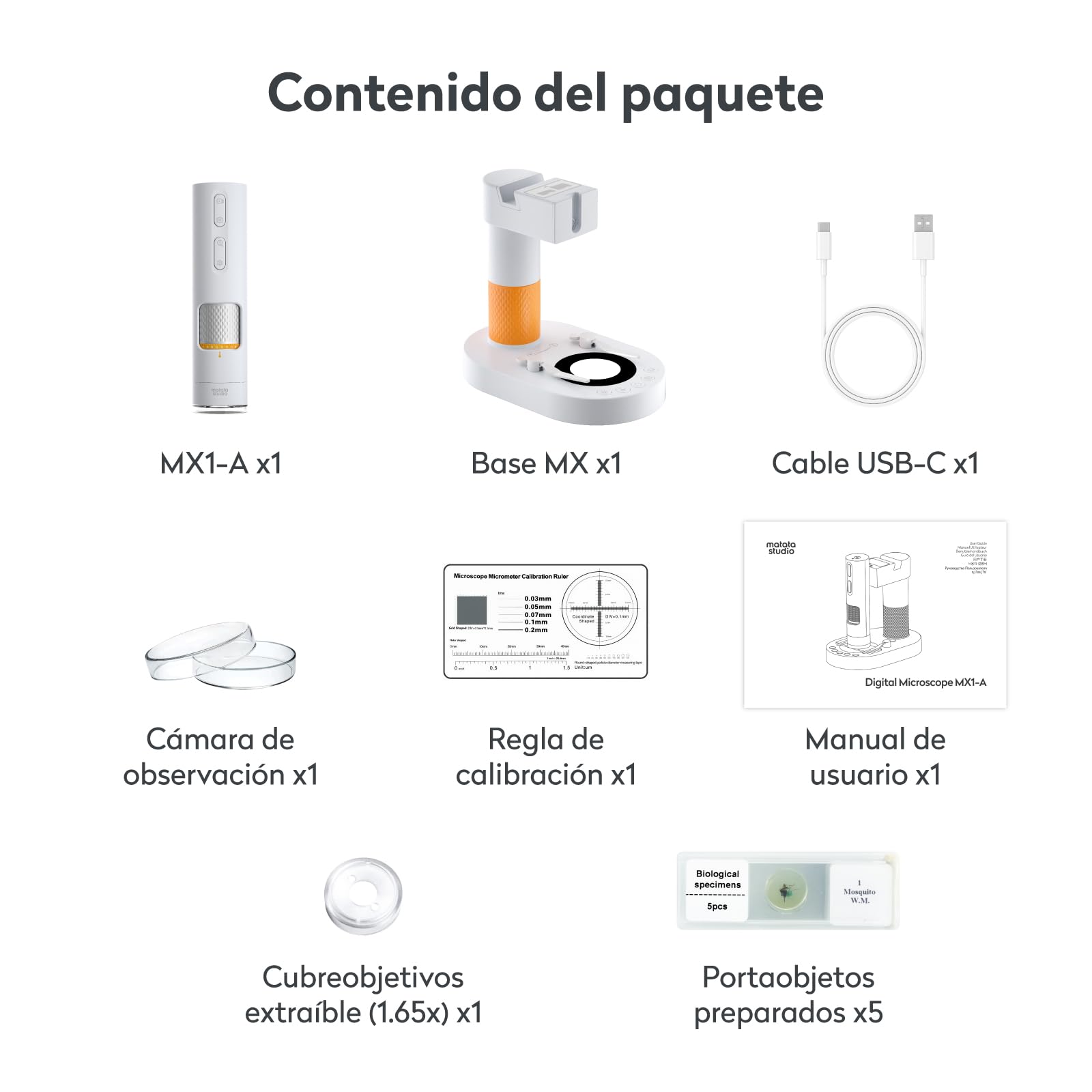 MX1-AS Microscopio Portátil para Niños 3.5x-1000x con Soporte Funcional, 2 Leds, Portaobjetos, soporta Foto y Video Microscopio Digital USB Profesional para Infantil Adultos Laboratorio