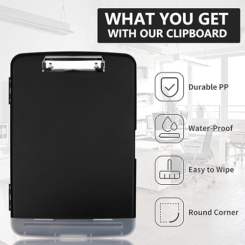 Miniatura 7 de Portapapeles con almacenamiento, portapapeles A4 con soporte para bolígrafos, portapapeles de plástico resistente con clip de perfil bajo, carpeta