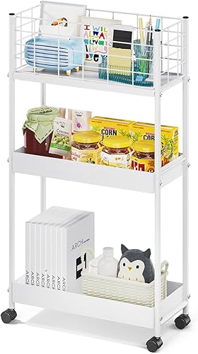 Miniatura 10 de KINGRACK Carrito de almacenamiento delgado, carrito de metal de 3 niveles con ruedas, carrito de almacenamiento deslizante, carrito de
