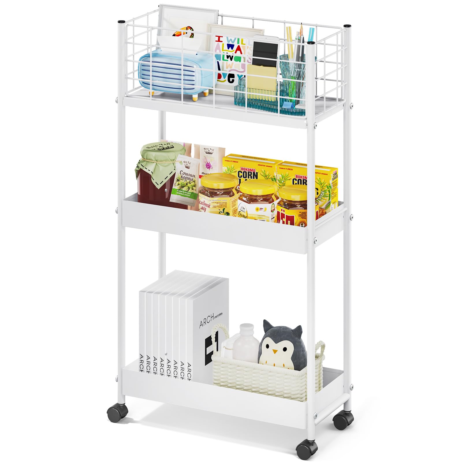 KINGRACK 3-Tier Rolling Utility Cart with Wheels, Metal Slim Storage Cart, Multifunctional Storage Organizer, Rolling Storage Cart for Kitchen, Office