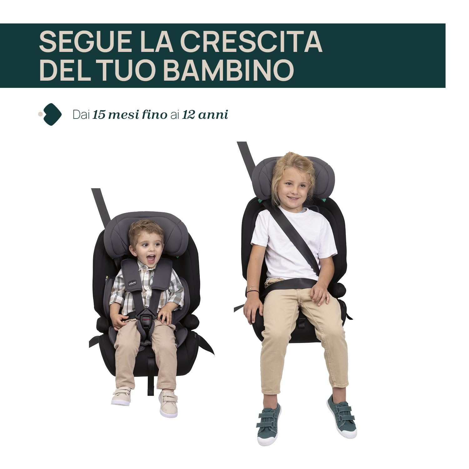 Chicco Gro Up i-Size, Seggiolino Auto 15 Mesi- 12 Anni (76-150 cm), Leggero, pesa solo 5 Kg, Poggiatesta regolabile, Con riduttore, Installazione con cintura dell'auto